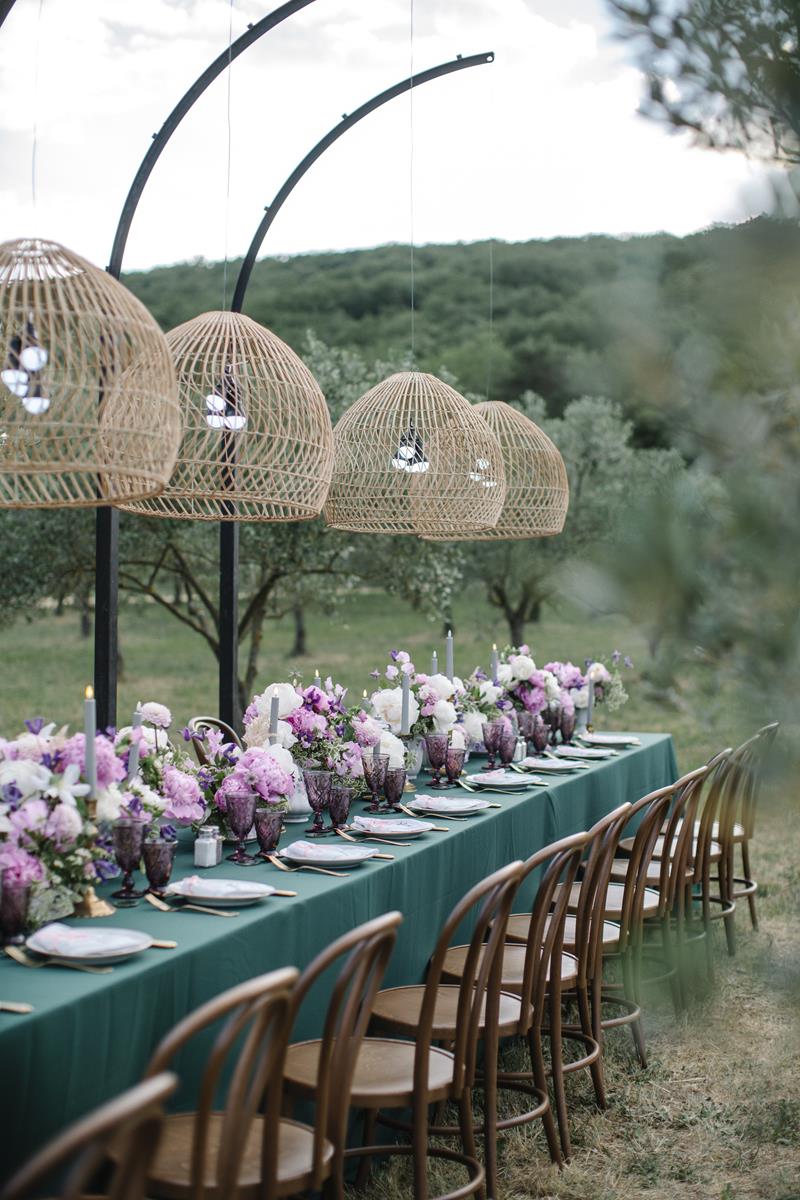 Emerald green dinner inside an olive grove